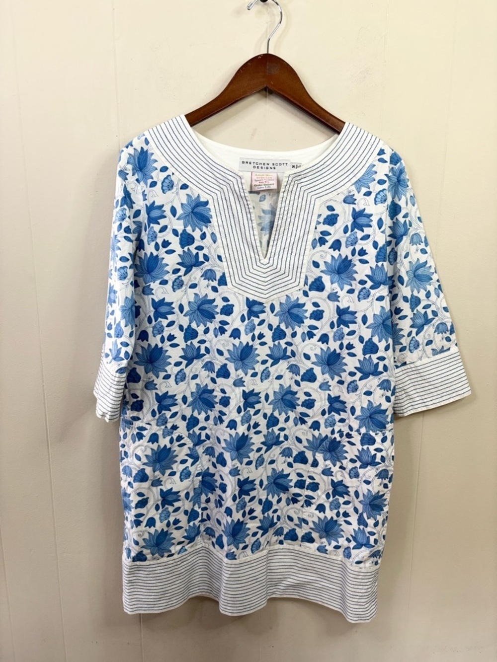 Gretchen Scott Designs blue and white floral print tunic dress 3/4 sleeves SM
